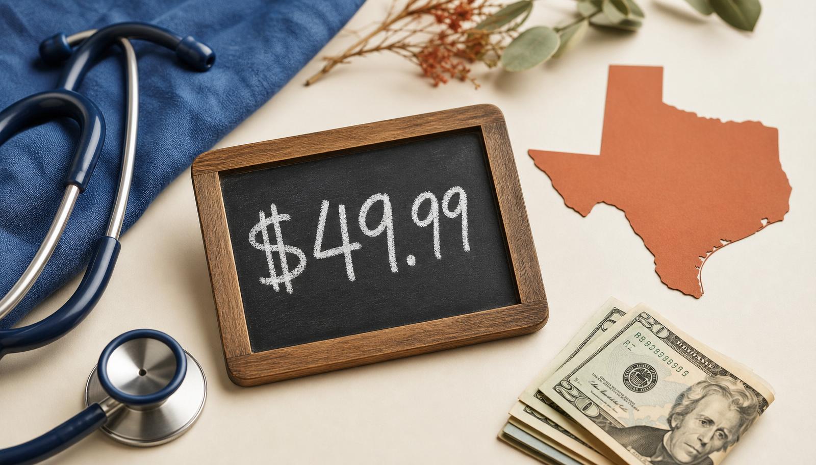 Stethoscope, a chalkboard priced at $49.99, a Texas state cutout, and U.S. dollar bills on a cream background illustrating cash-pay doctor visit costs in Texas