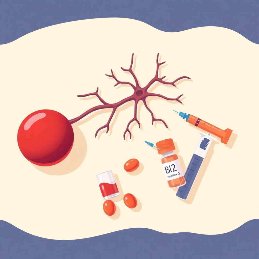 Illustration of a red blood cell, a myelinated nerve fiber, and B12 capsules with a small syringe on a cream background with a subtle Texas outline